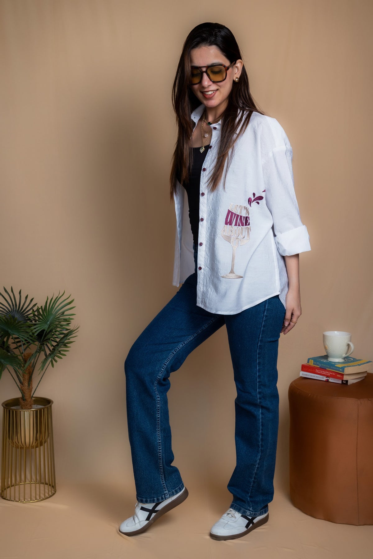 Women Embroidered Oversized Shirt - Let's Wine About it
