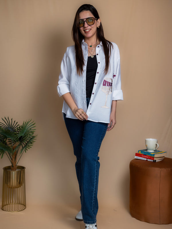 Women Embroidered Oversized Shirt - Let's Wine About it