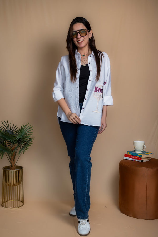 Women Embroidered Oversized Shirt - Let's Wine About it