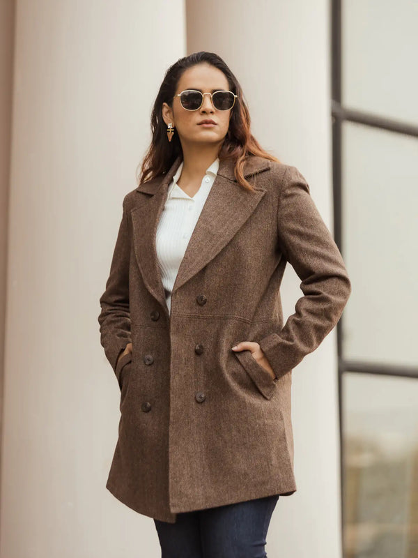 Women Double Breasted Long Over Coat