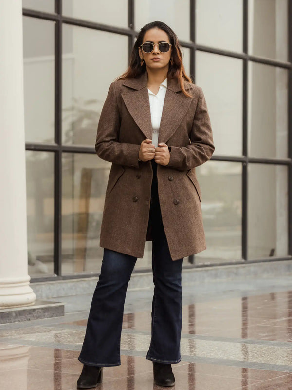 Women Double Breasted Long Over Coat