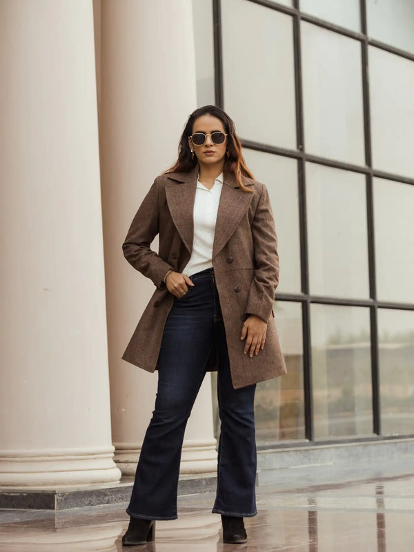 Women Double Breasted Long Over Coat