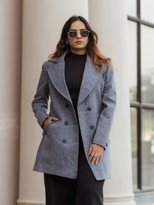 Women Double Breasted Long Over Coat