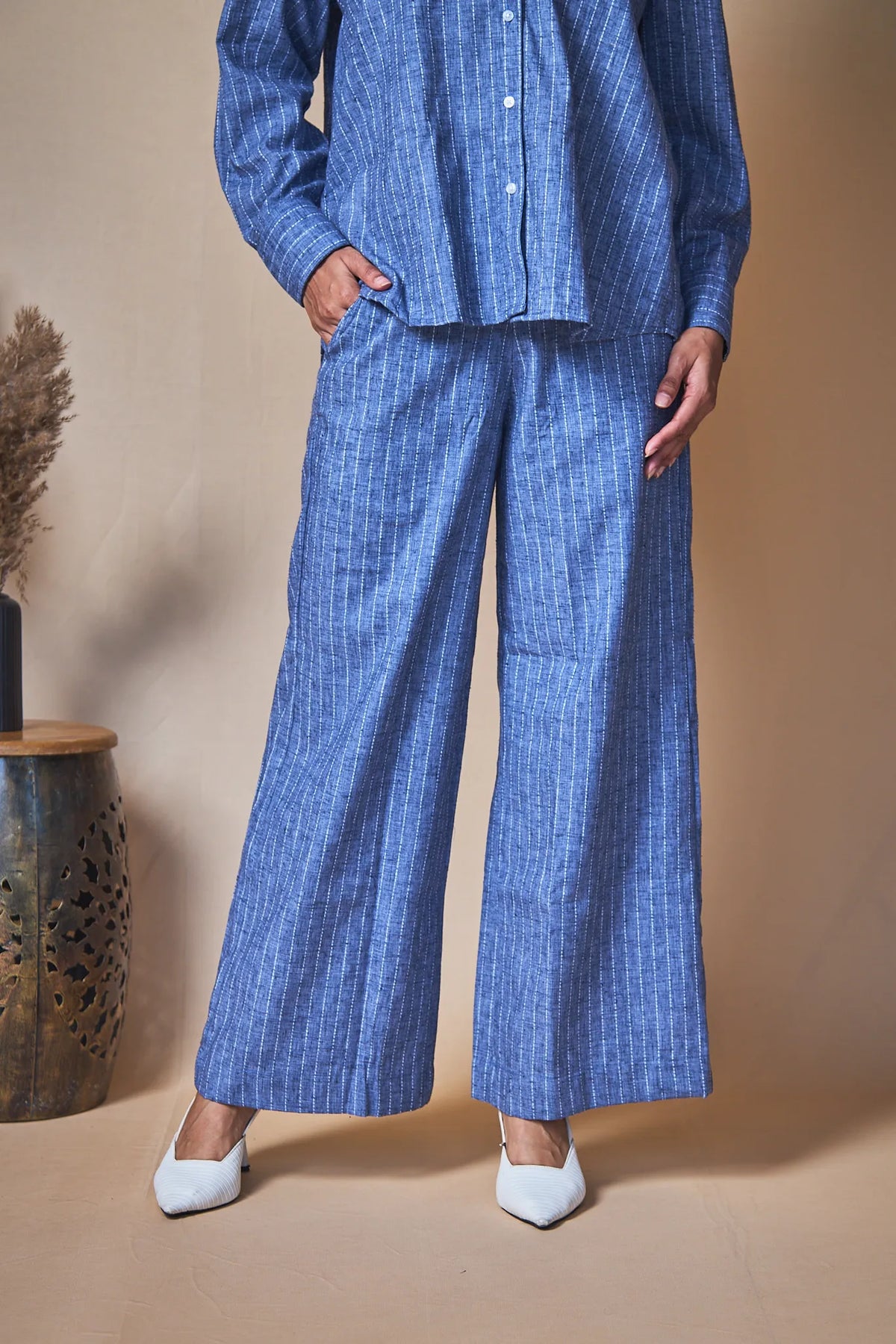 Women Pinstripes Linen Blend Trousers