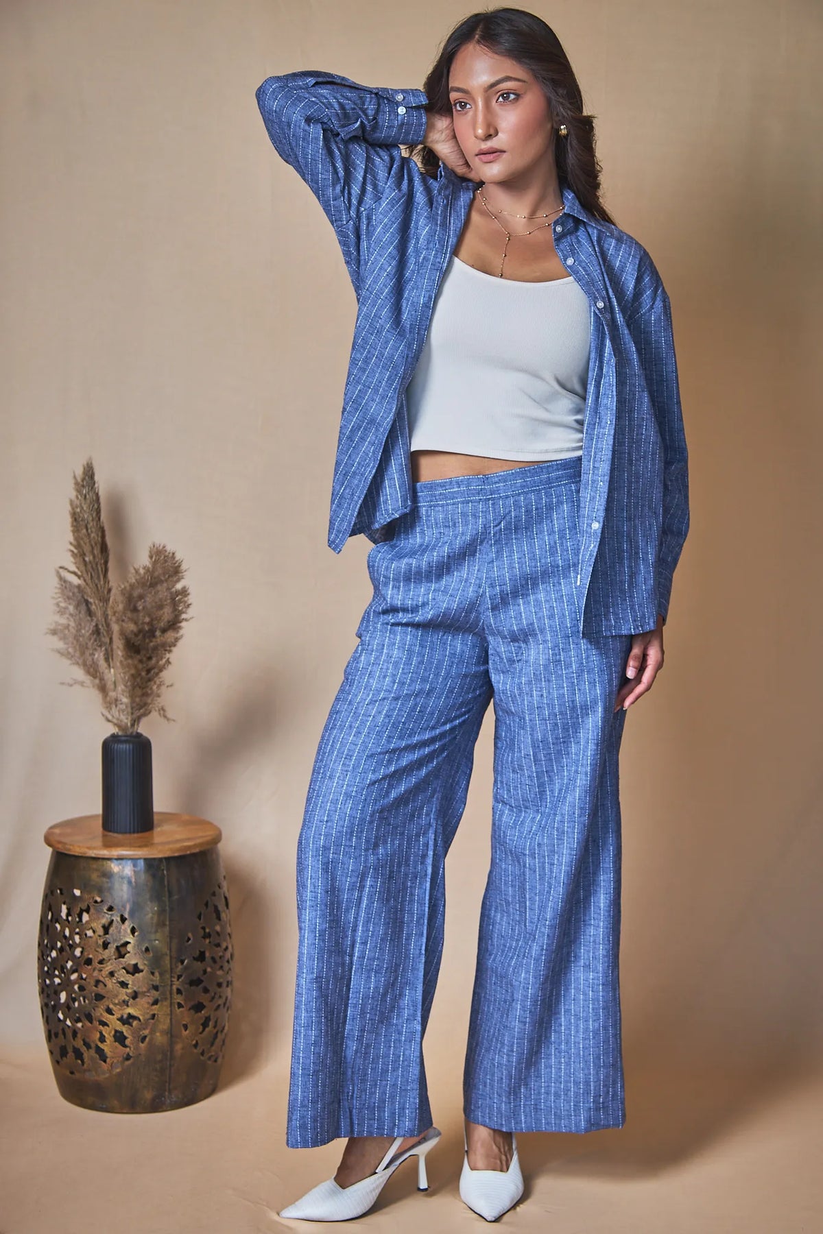 Women Pinstripes Linen Blend Trousers