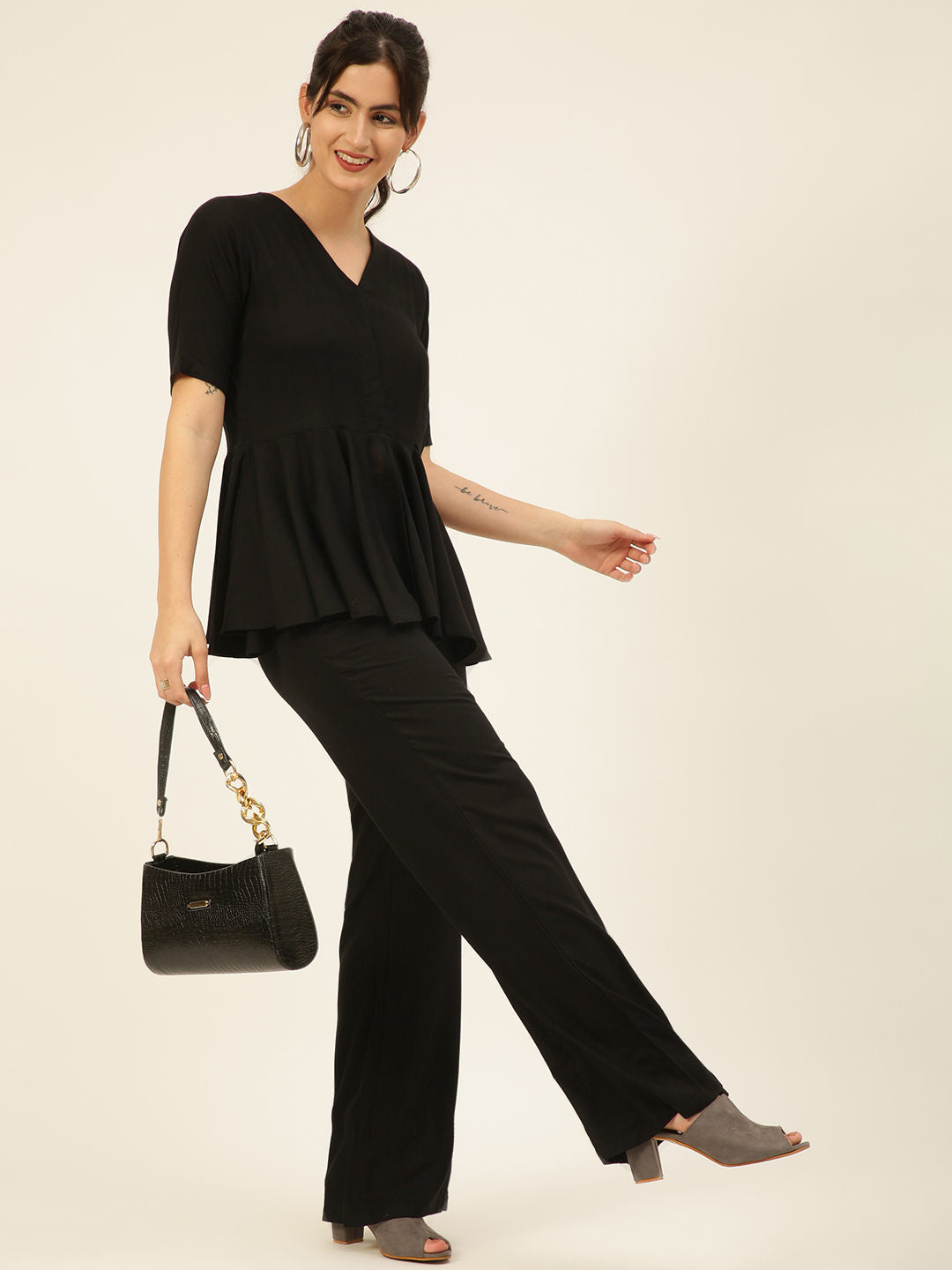 Premium Black V-Neck Peplum Style Top & Trouser Rayon Co-ord Set