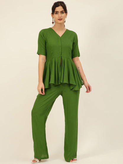 Premium Green V-Neck Peplum Style Top & Trouser Rayon Co-ord Set