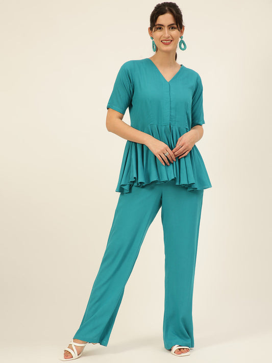 Premium Turquoise V-Neck Peplum Style Top & Trouser Rayon Co-ord Set