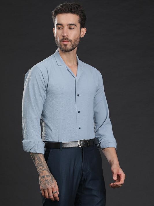 Light Blue Self-Designed Lightweight Seersucker Party Wear Shirt