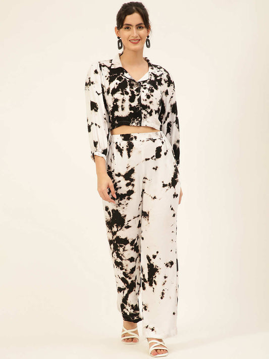 Sustainable Black & White Collared Crop Top & Trouser Pashmina Rayon Designer Tie Dye Co-ord Set