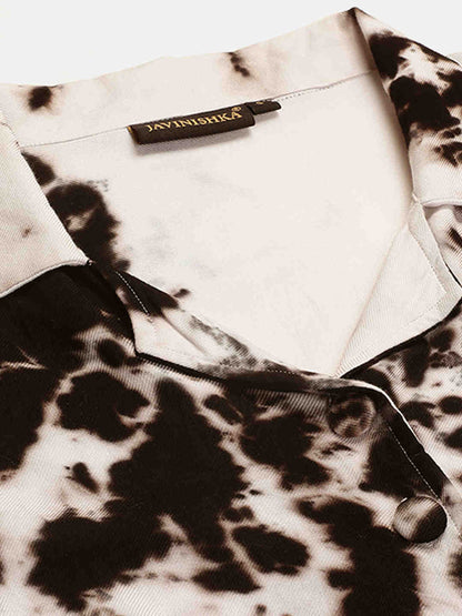 Sustainable Black & White Collared Crop Top & Trouser Pashmina Rayon Designer Tie Dye Co-ord Set