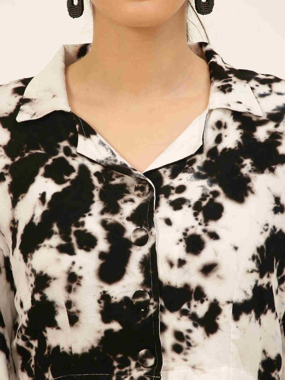 Sustainable Black & White Collared Crop Top & Trouser Pashmina Rayon Designer Tie Dye Co-ord Set