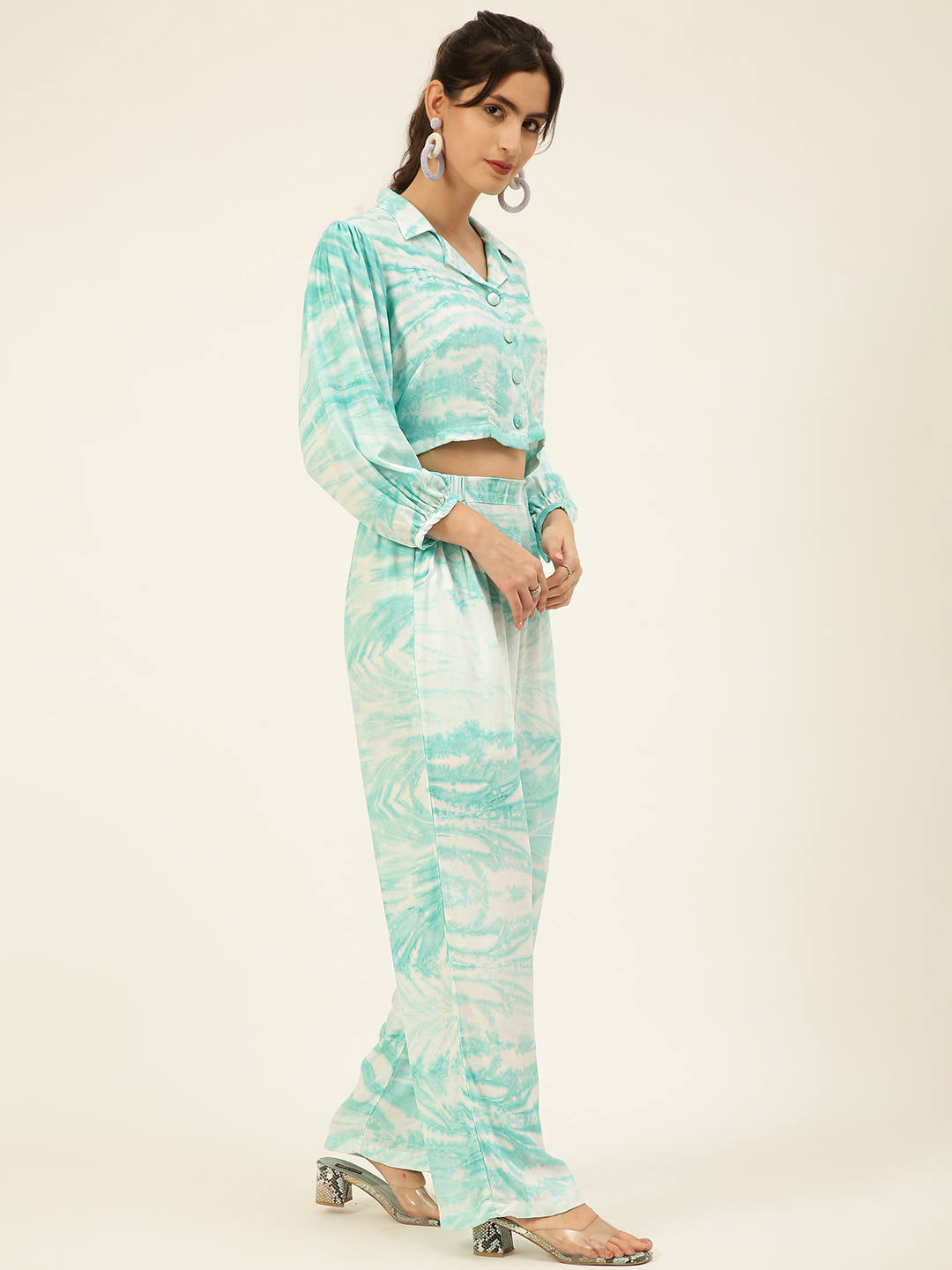 Sustainable Sea Green Collared Crop Top & Trouser Pashmina Rayon Designer Tie Dye Co-ord Set