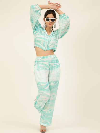 Sustainable Sea Green Collared Crop Top & Trouser Pashmina Rayon Designer Tie Dye Co-ord Set