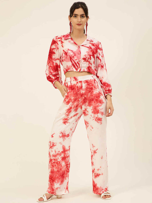 Sustainable Pink Collared Crop Top & Trouser Pashmina Rayon Designer Tie Dye Co-ord Set