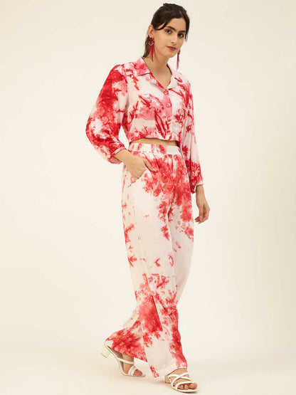 Sustainable Pink Collared Crop Top & Trouser Pashmina Rayon Designer Tie Dye Co-ord Set