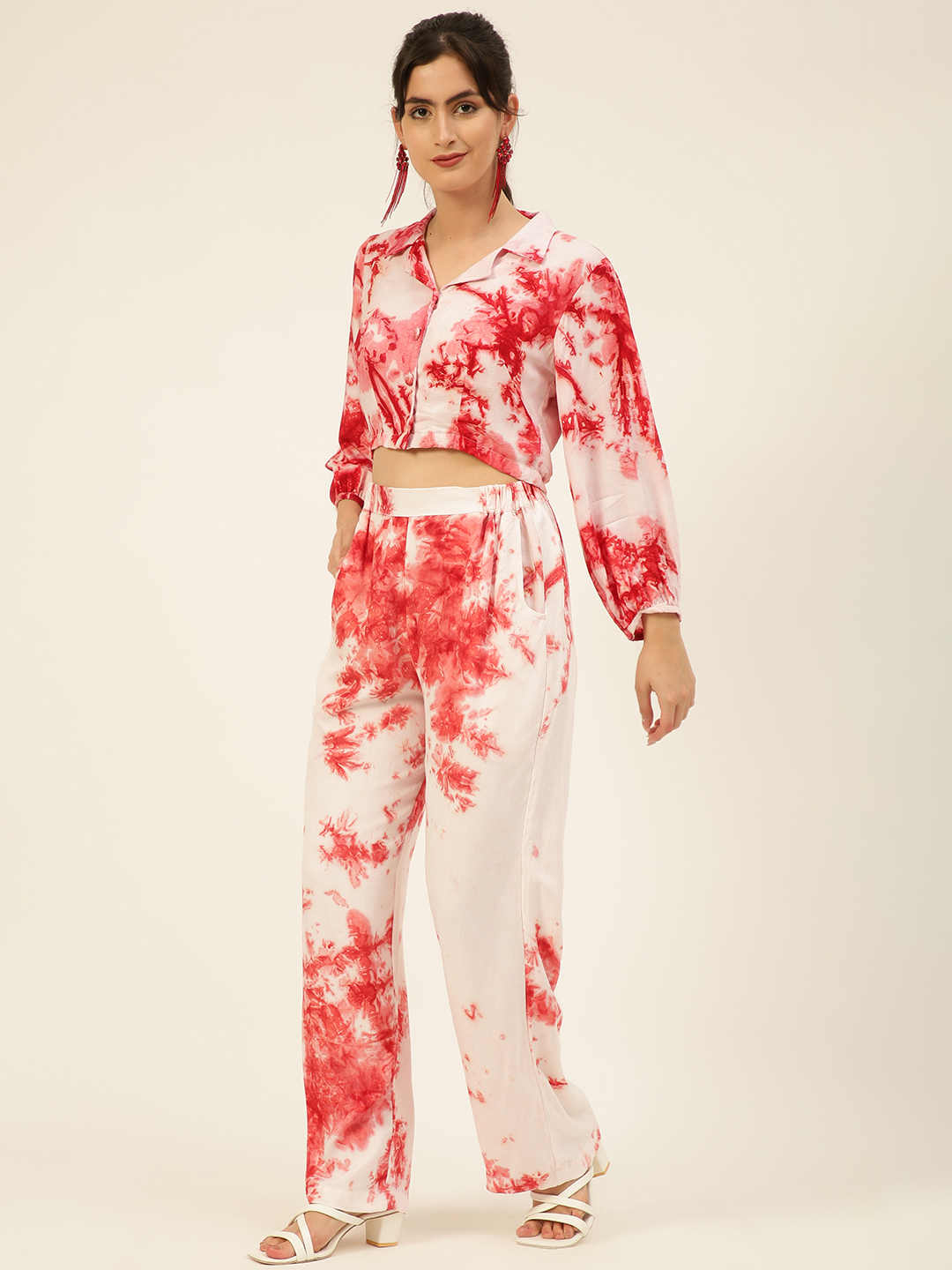 Sustainable Pink Collared Crop Top & Trouser Pashmina Rayon Designer Tie Dye Co-ord Set