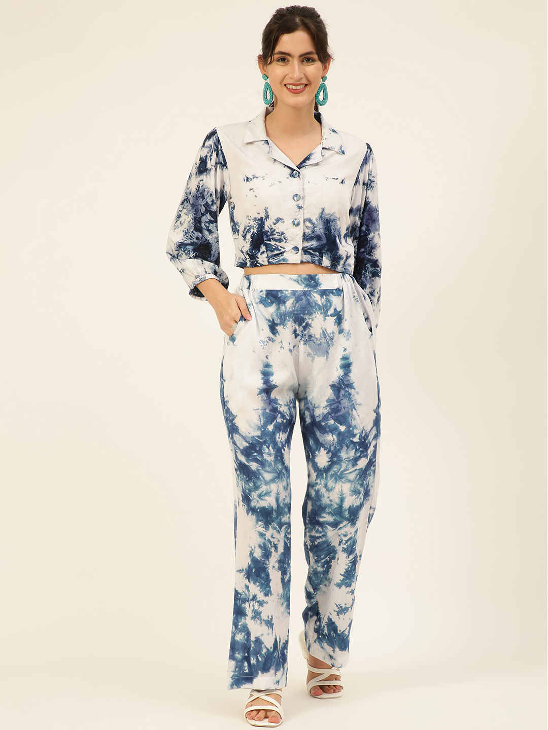 Sustainable Blue Collared Crop Top & Trouser Pashmina Rayon Designer Tie Dye Co-ord Set