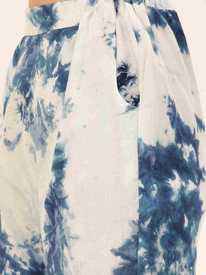 Sustainable Blue Collared Crop Top & Trouser Pashmina Rayon Designer Tie Dye Co-ord Set