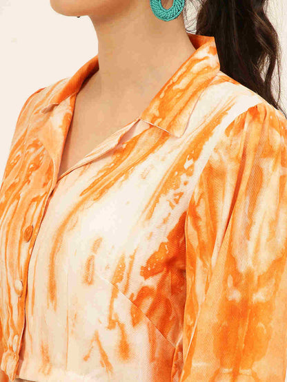 Sustainable Orange Collared Crop Top & Trouser Pashmina Rayon Designer Tie Dye Co-ord Set