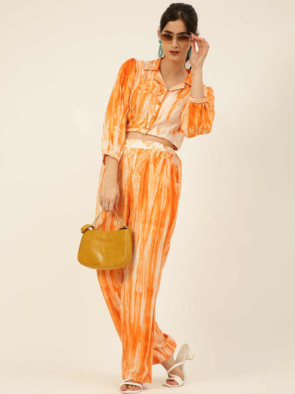 Sustainable Orange Collared Crop Top & Trouser Pashmina Rayon Designer Tie Dye Co-ord Set
