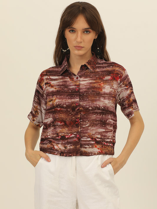 Brown & Magenta Tie Dye Women Slim Fit Crop Shirt