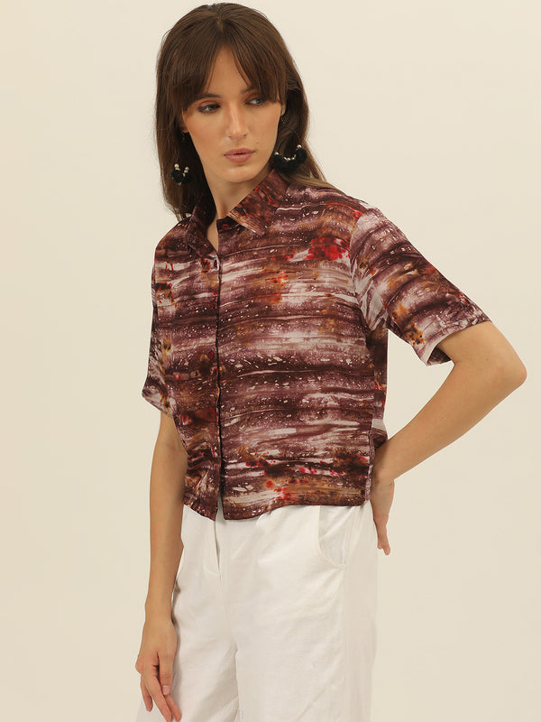 Brown & Magenta Tie Dye Women Slim Fit Crop Shirt