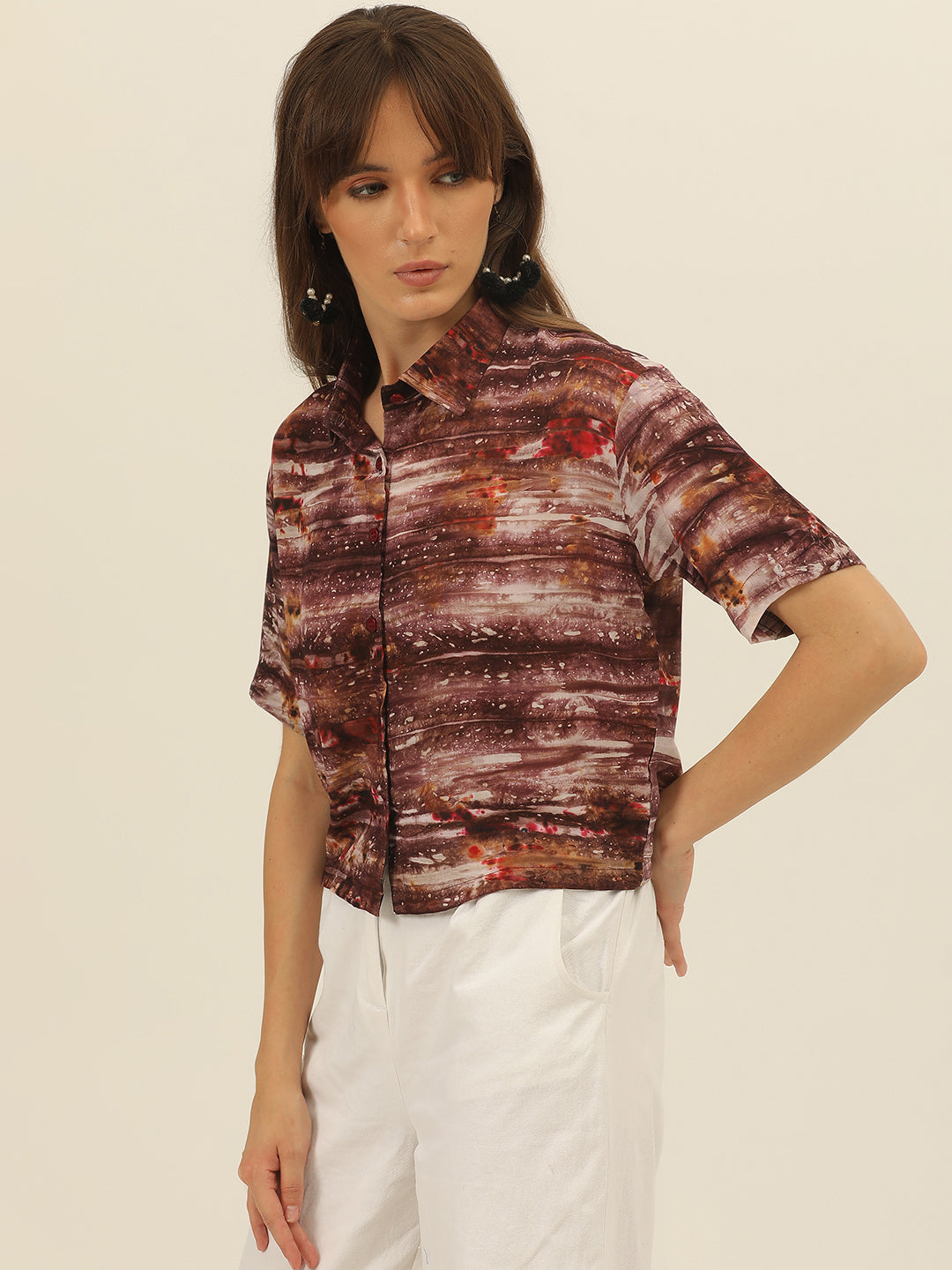 Brown & Magenta Tie Dye Women Slim Fit Crop Shirt