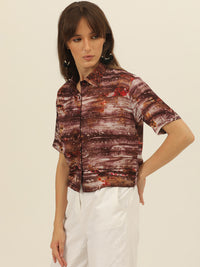 Brown & Magenta Tie Dye Women Slim Fit Crop Shirt