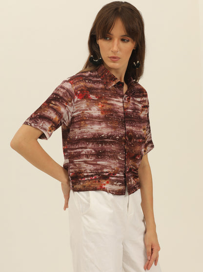 Brown & Magenta Tie Dye Women Slim Fit Crop Shirt