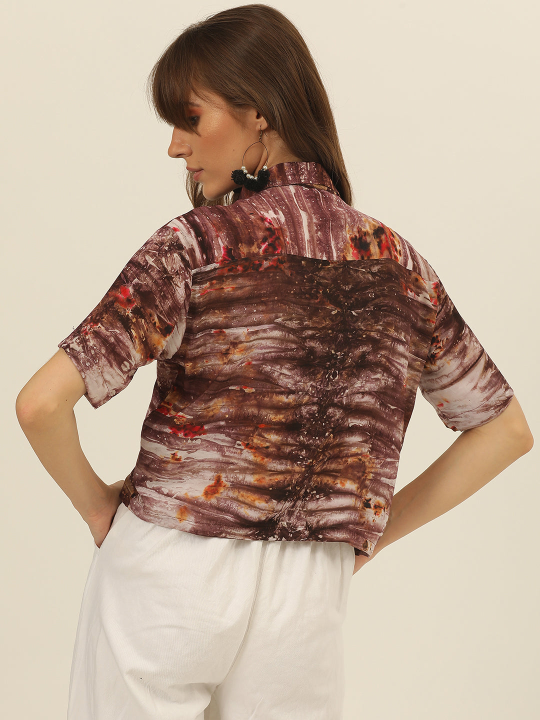 Brown & Magenta Tie Dye Women Slim Fit Crop Shirt