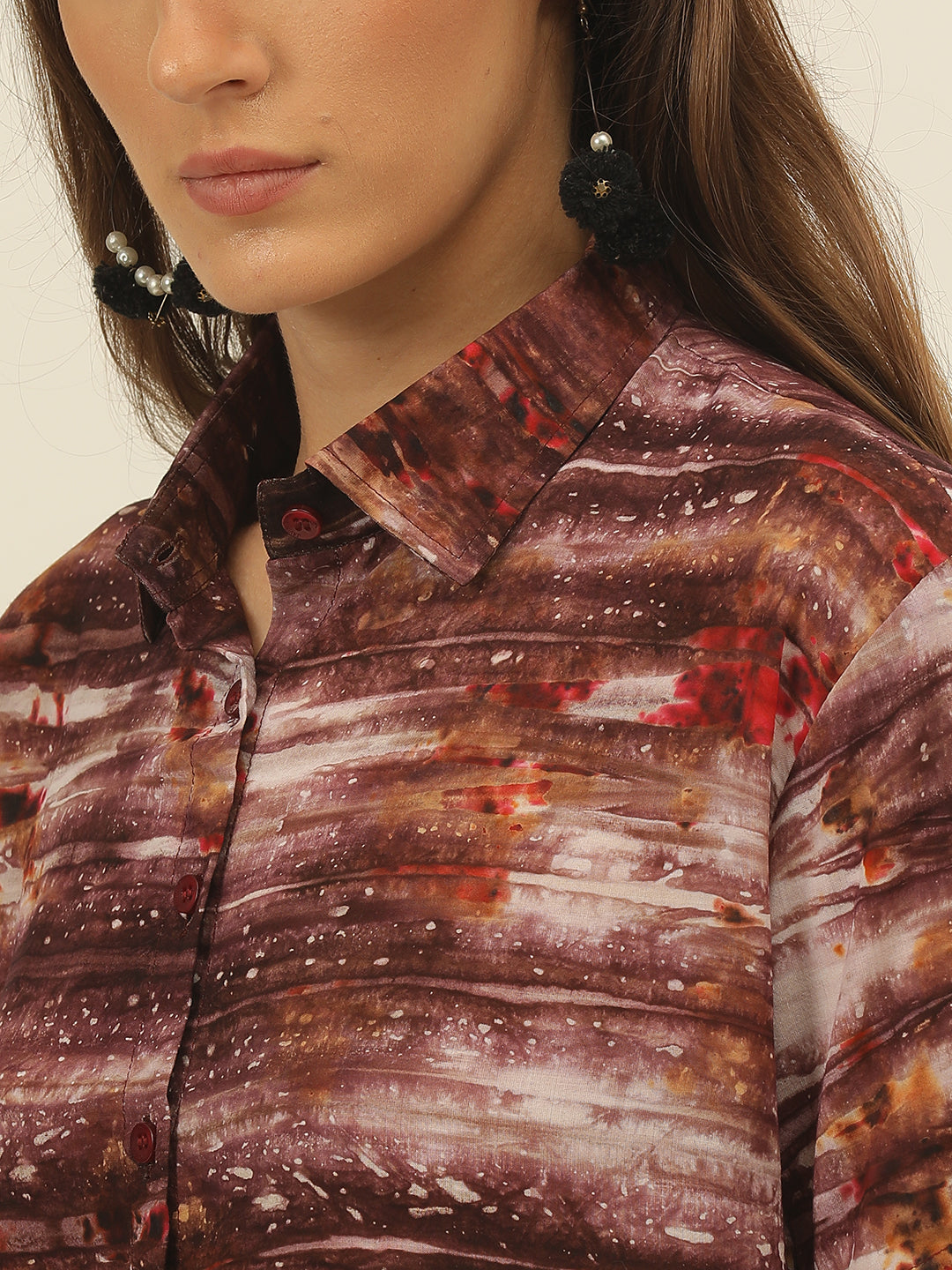 Brown & Magenta Tie Dye Women Slim Fit Crop Shirt
