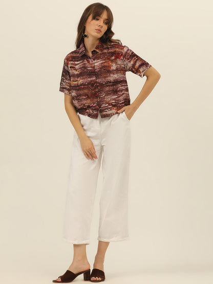 Brown & Magenta Tie Dye Women Slim Fit Crop Shirt