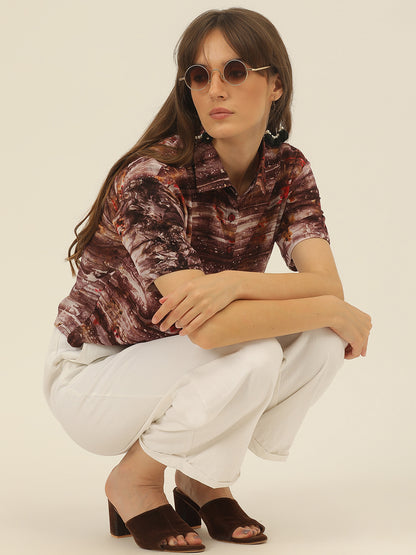 Brown & Magenta Tie Dye Women Slim Fit Crop Shirt