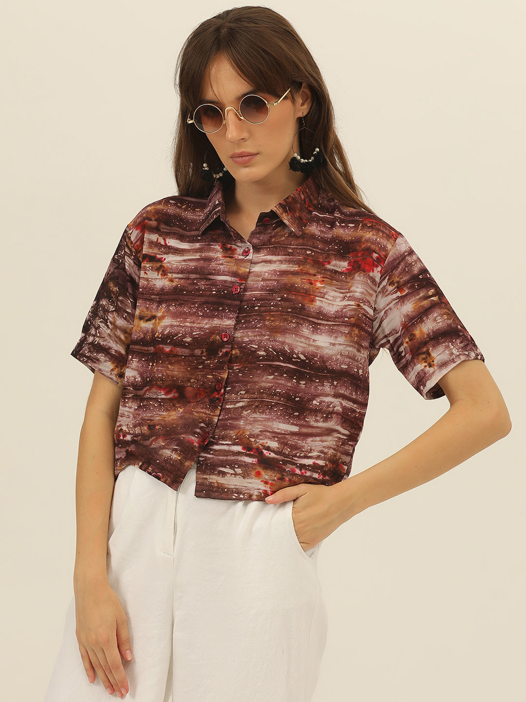 Brown & Magenta Tie Dye Women Slim Fit Crop Shirt