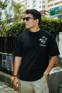 Unisex Oversized Black T-Shirt with “Time Will Tell” & Floral Graphic Print