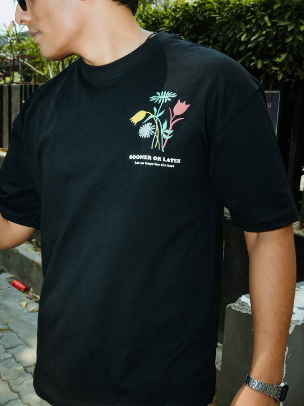 Unisex Oversized Black T-Shirt with “Time Will Tell” & Floral Graphic Print