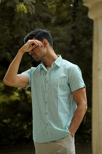 Teal and White Striped Cotton Linen Slim Fit Shirt