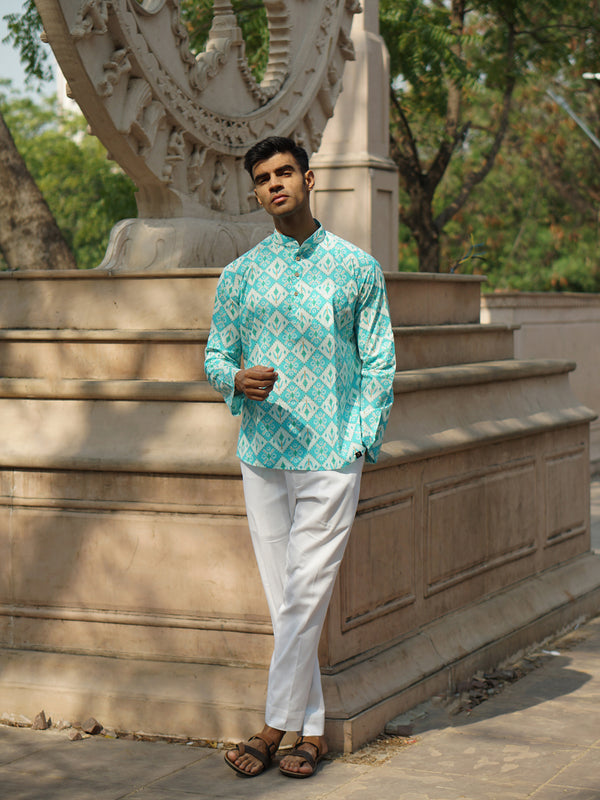 Blue & White Ethinc Motifs Handblock Printed Short Kurta