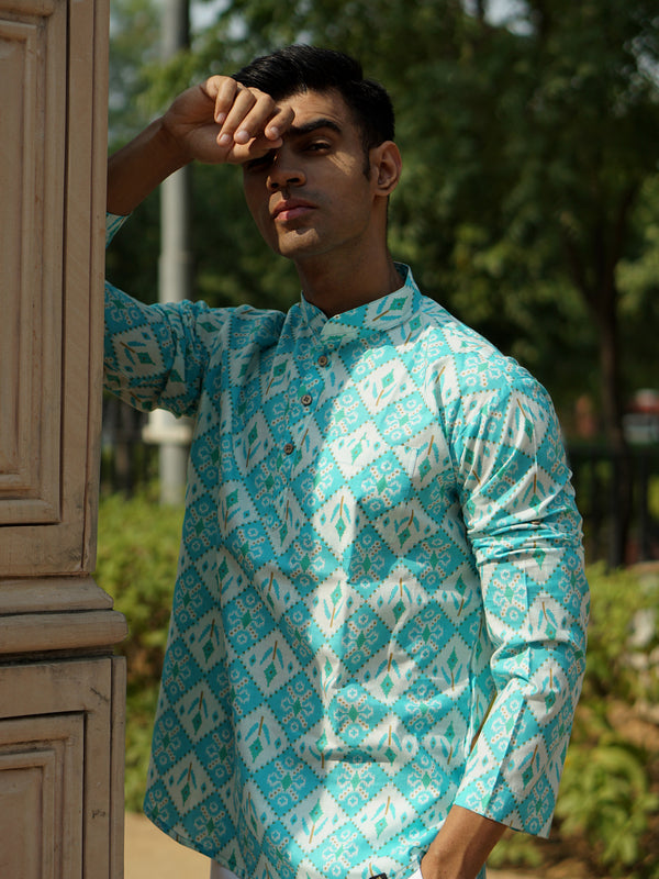 Blue & White Ethinc Motifs Handblock Printed Short Kurta