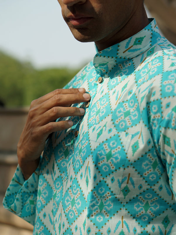 Blue & White Ethinc Motifs Handblock Printed Short Kurta