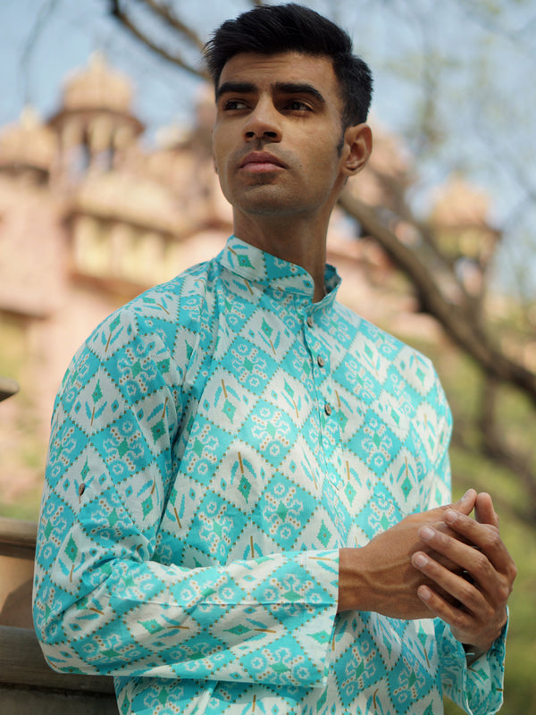 Blue & White Ethinc Motifs Handblock Printed Short Kurta