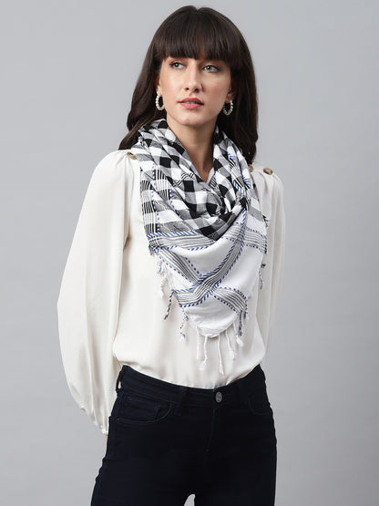 White with Black Self Design Viscose Embroidered Unisex Scarf