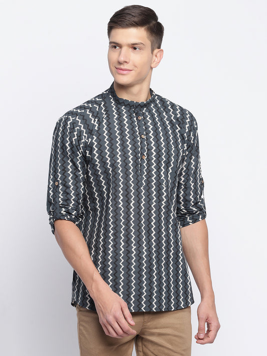 Grey Zig-zag Handblock Printed Short Kurta