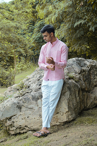 Premium Melange Pink Pure Linen Regular Fit Solid Shirt