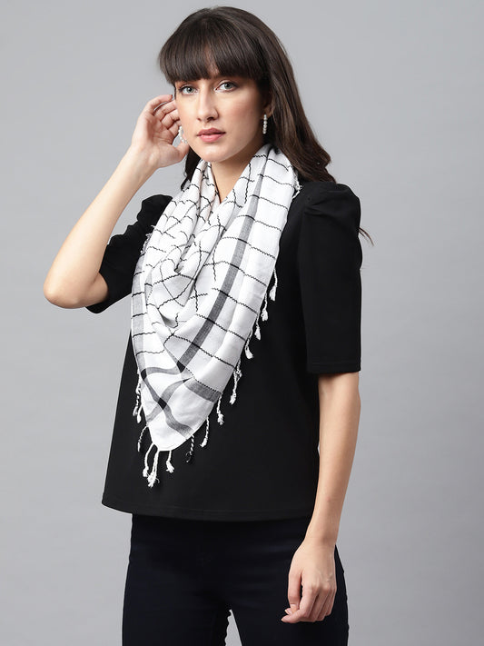 White with Black Viscose Embroidered Unisex Scarf