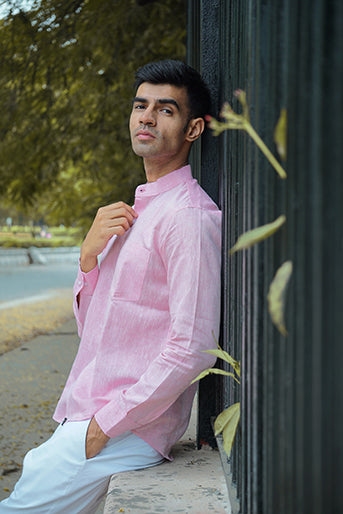 Premium Melange Pink Pure Linen Regular Fit Solid Shirt