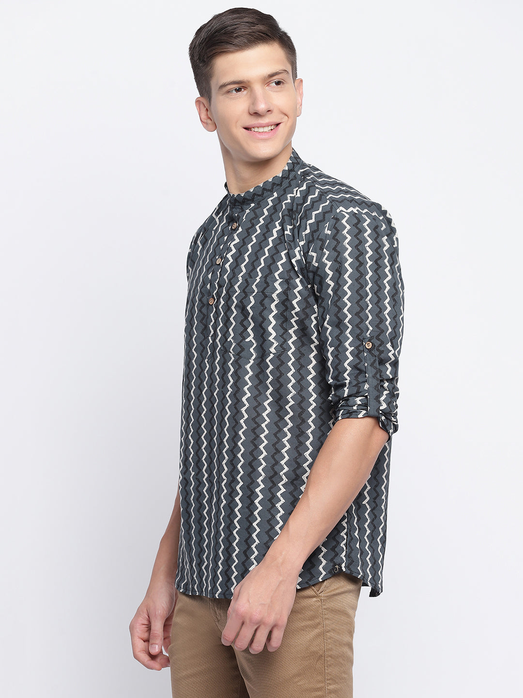 Grey Zig-zag Handblock Printed Short Kurta