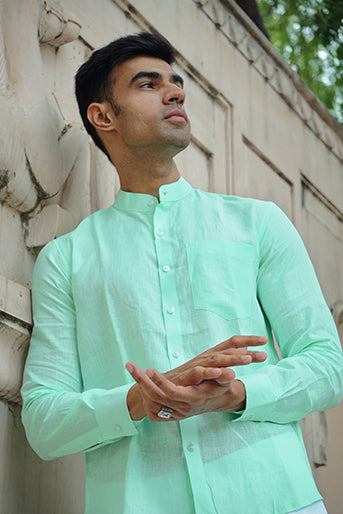 Premium Mint Green Pure Linen Regular Fit Solid Shirt – JAVINISHKA
