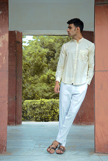 Premium Cream Cotton Linen Regular Fit Solid Shirt